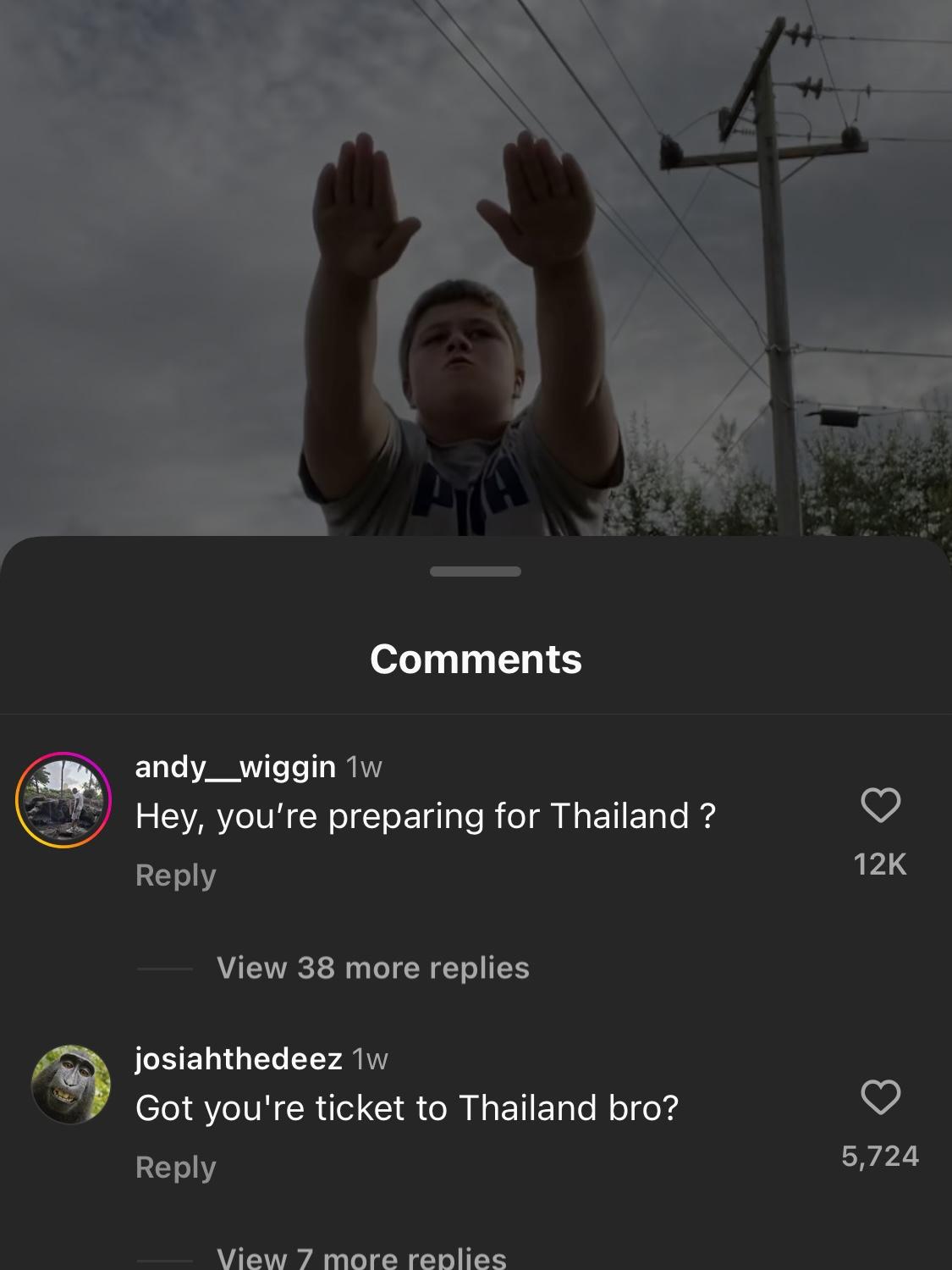 Thailand comments posted on a Reed Harrington Instagram video.