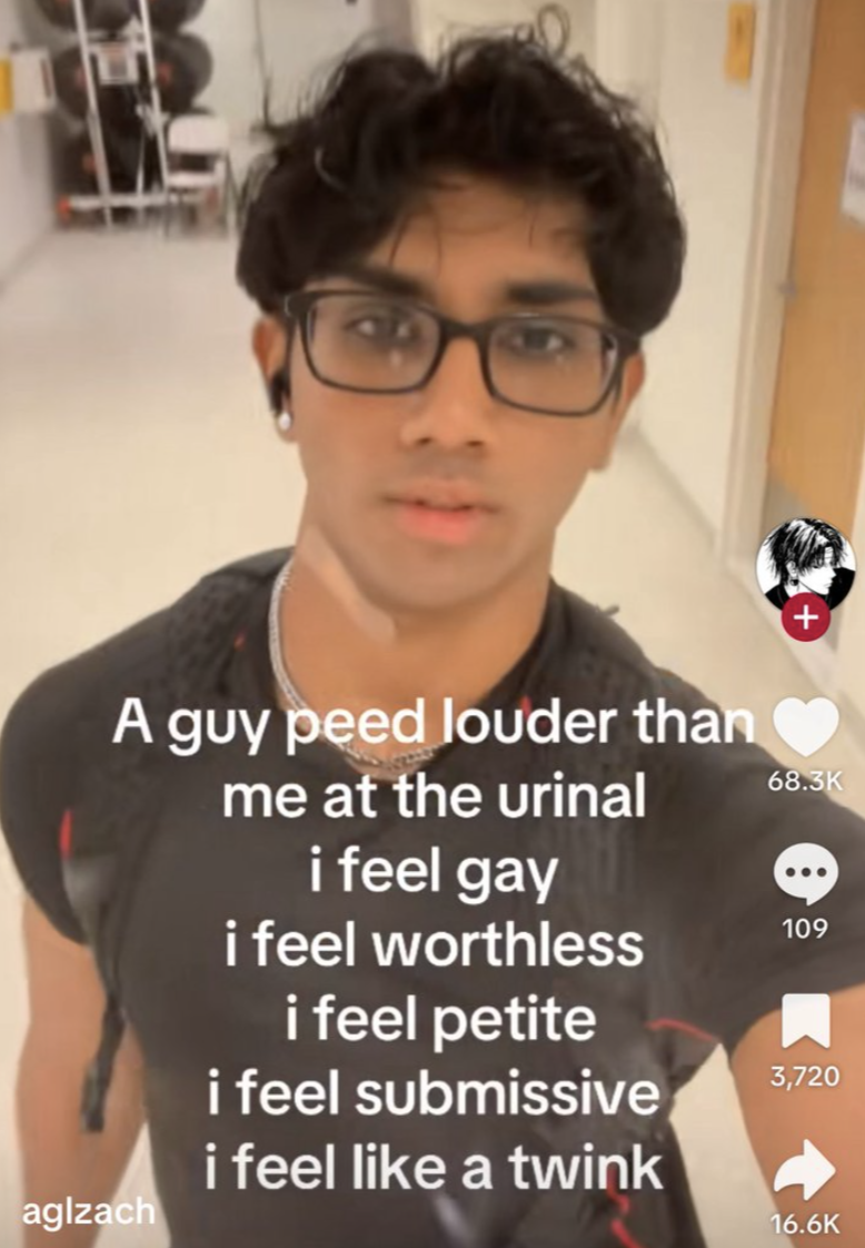 A guy peed louder than me at the urinal i feel gay i feel worthless i feel petite i feel submissive i feel like a twink